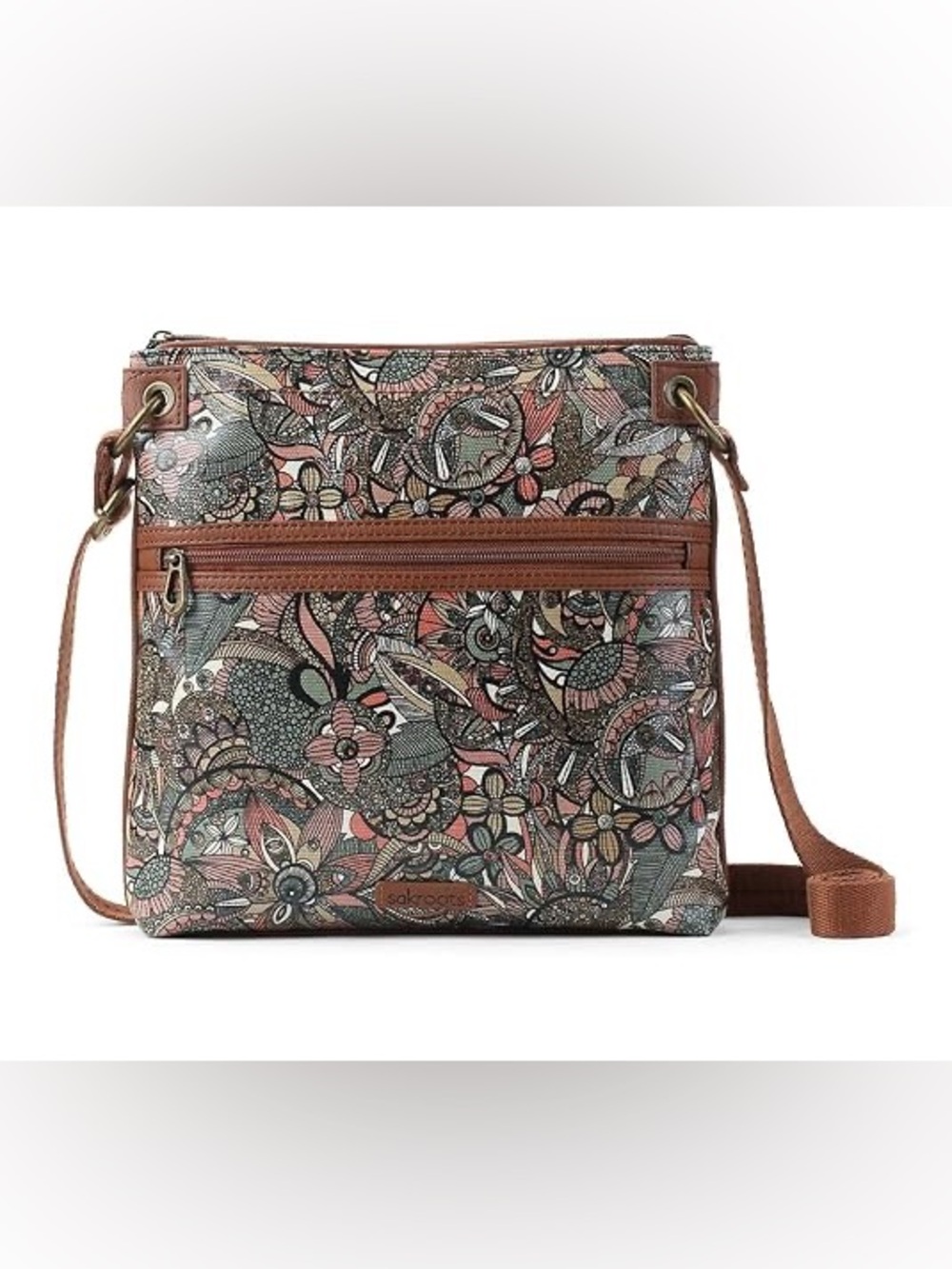 NWOT Sakroots Large Floral Crossbody Bag Brown Trim